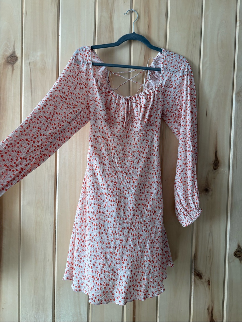 Floral Cream Long-Sleeve Dress with Red Print